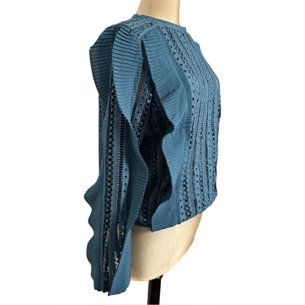 Calligraphie Teal Lace Blouse Ruffle Statement Sleeve Eyelet Romantic Boho Top M